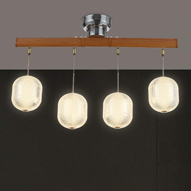 Contemporain Rétro Bois Aluminium Acrylique Pliable Ovale 4-Lumières Semi-Encastré Plafonnier Luminaire Îlot Pour Salle à Manger 