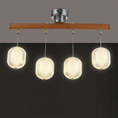 Contemporary Retro Wood Aluminum Acrylic Foldable Oval 4-Light Semi-Flush Mount Ceiling Light Island Light For Dining Room