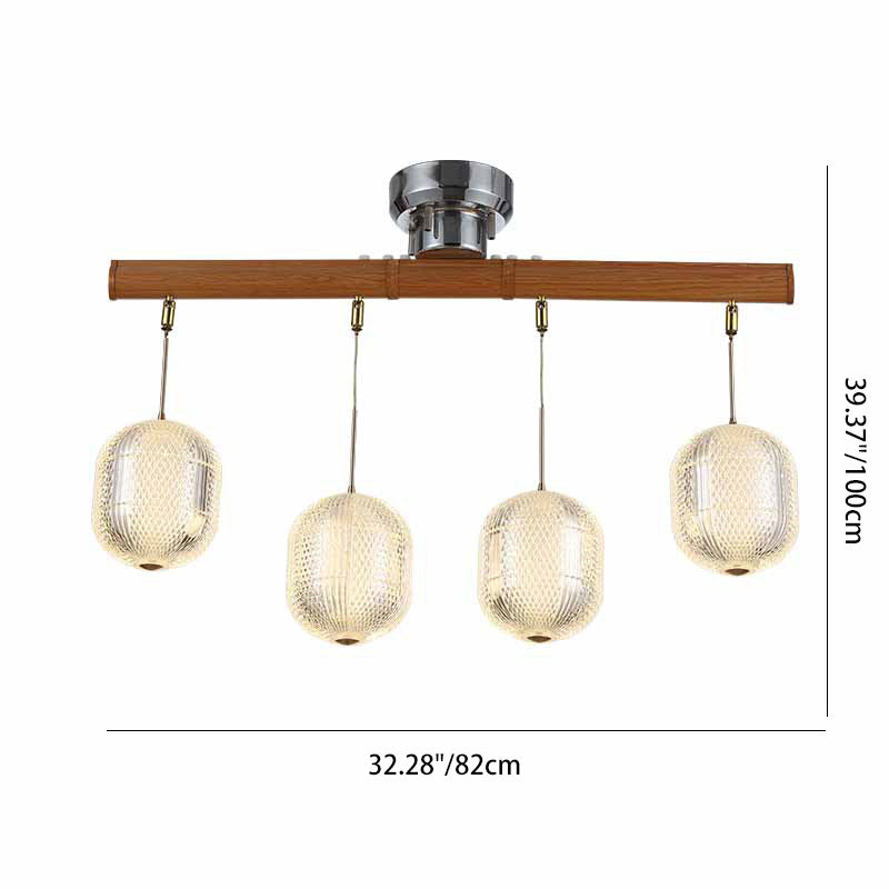 Contemporain Rétro Bois Aluminium Acrylique Pliable Ovale 4-Lumières Semi-Encastré Plafonnier Luminaire Îlot Pour Salle à Manger 