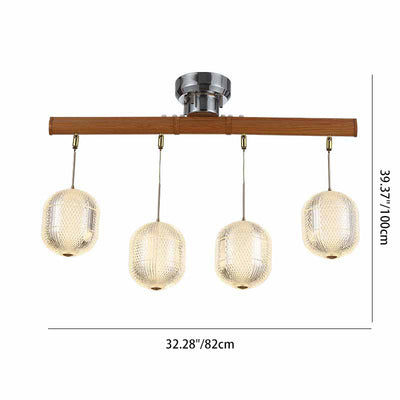 Contemporary Retro Wood Aluminum Acrylic Foldable Oval 4-Light Semi-Flush Mount Ceiling Light Island Light For Dining Room