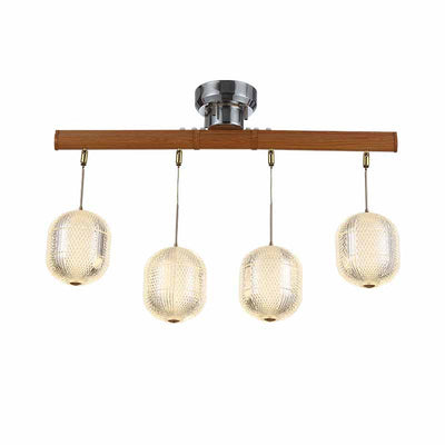 Contemporary Retro Wood Aluminum Acrylic Foldable Oval 4-Light Semi-Flush Mount Ceiling Light Island Light For Dining Room