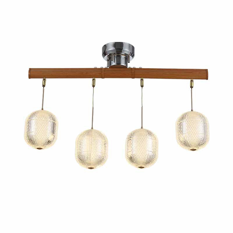 Contemporary Retro Wood Aluminum Acrylic Foldable Oval 4-Light Semi-Flush Mount Ceiling Light Island Light For Dining Room