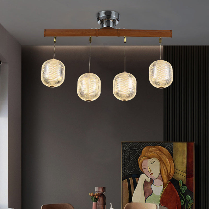 Contemporain Rétro Bois Aluminium Acrylique Pliable Ovale 4-Lumières Semi-Encastré Plafonnier Luminaire Îlot Pour Salle à Manger 