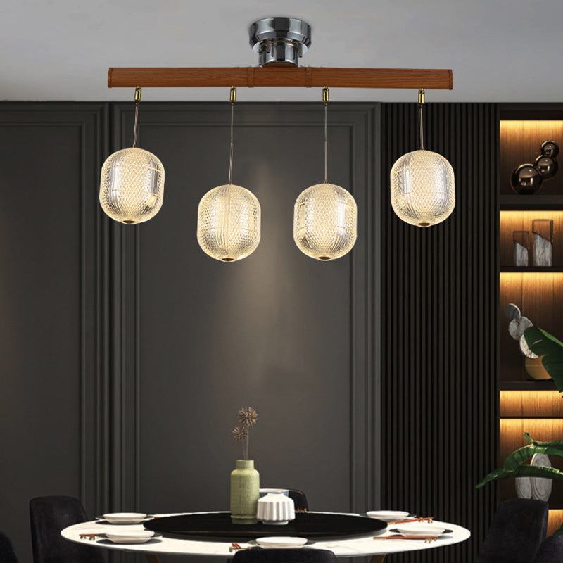 Contemporain Rétro Bois Aluminium Acrylique Pliable Ovale 4-Lumières Semi-Encastré Plafonnier Luminaire Îlot Pour Salle à Manger 