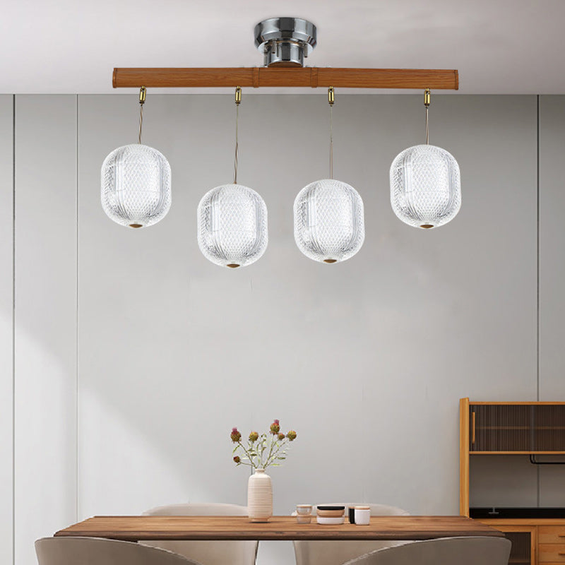 Contemporain Rétro Bois Aluminium Acrylique Pliable Ovale 4-Lumières Semi-Encastré Plafonnier Luminaire Îlot Pour Salle à Manger 