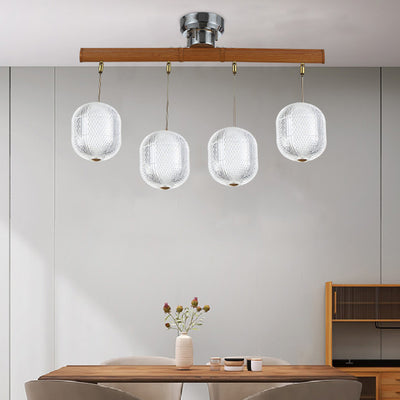 Contemporary Retro Wood Aluminum Acrylic Foldable Oval 4-Light Semi-Flush Mount Ceiling Light Island Light For Dining Room