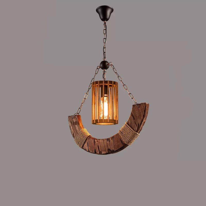 Traditional Farmhouse Wood Iron & Hemp Rope Column Sailboat Shape 1/3/4-Light Chandelier For Dining Room