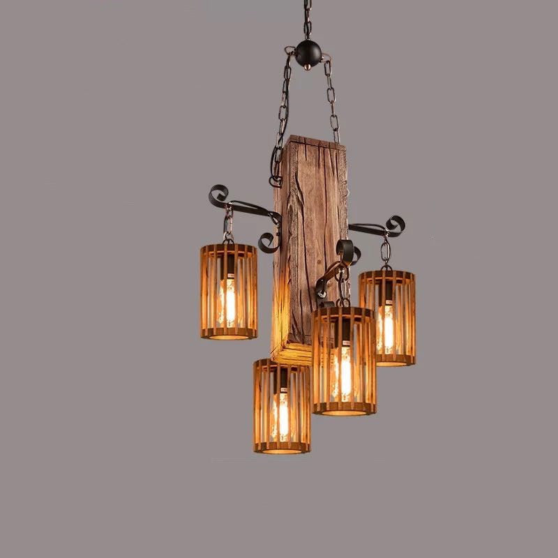 Traditional Farmhouse Wood Iron & Hemp Rope Column Sailboat Shape 1/3/4-Light Chandelier For Dining Room