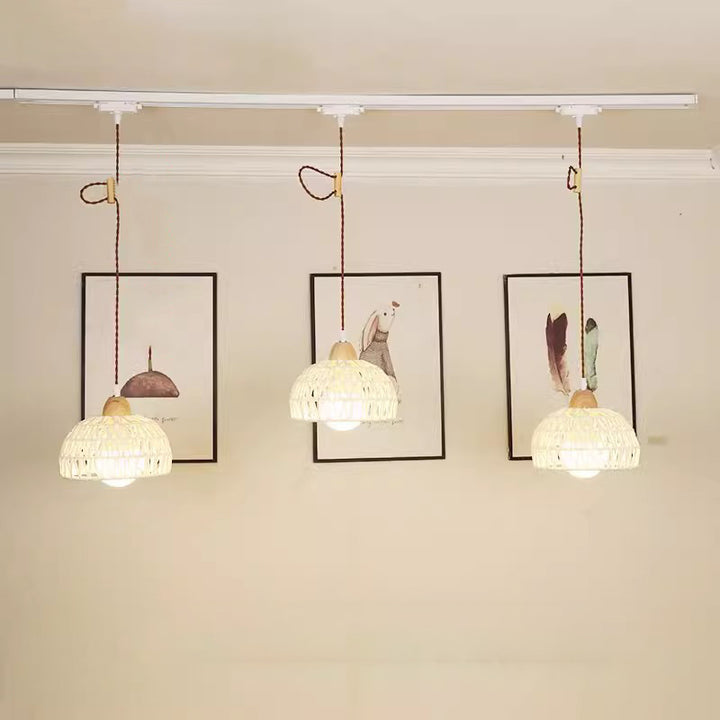 Traditionelle japanische Weberei Aluminium Holz &amp; Rattan Kuppelförmige Halbkugel 1/2/3/4 Licht Schienenbeleuchtung Pendelleuchte für Esszimmer 