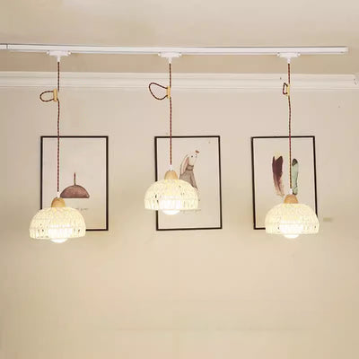 Traditional Japanese Weaving Aluminum Wood & Rattan Dome-Shaped Hemispheroid 1/2/3/4 Light Track Lighting Pendant Light For Dining Room