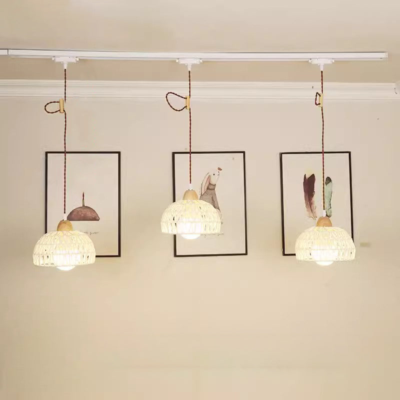 Traditional Japanese Weaving Aluminum Wood & Rattan Dome-Shaped Hemispheroid 1/2/3/4 Light Track Lighting Pendant Light For Dining Room