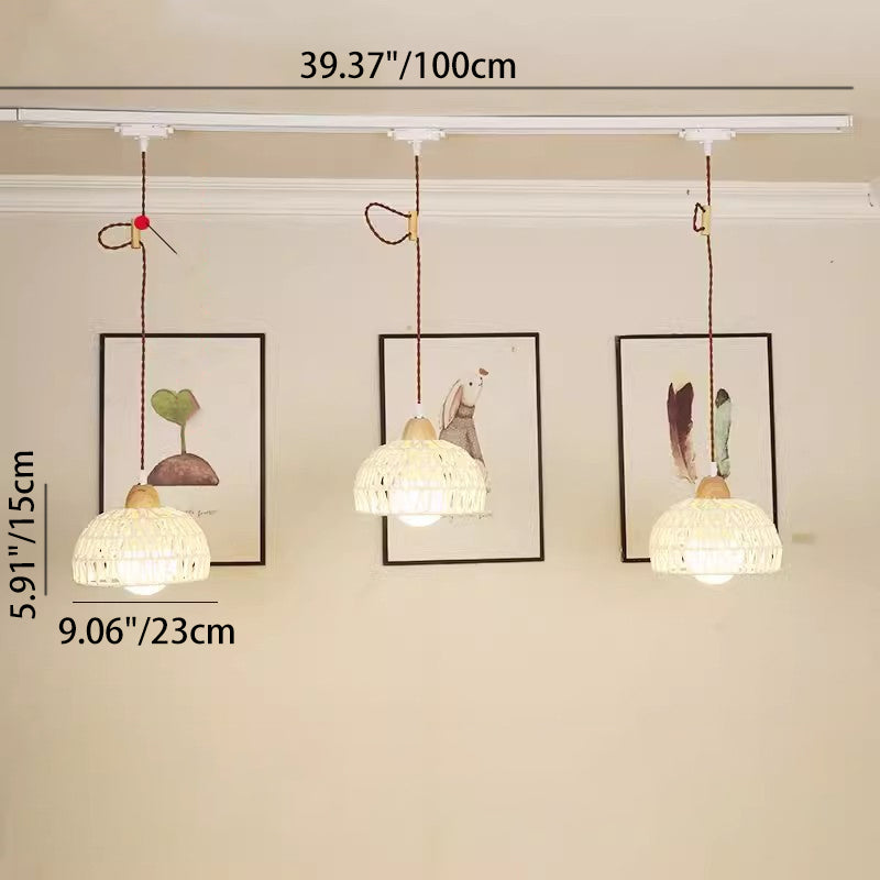 Traditional Japanese Weaving Aluminum Wood & Rattan Dome-Shaped Hemispheroid 1/2/3/4 Light Track Lighting Pendant Light For Dining Room