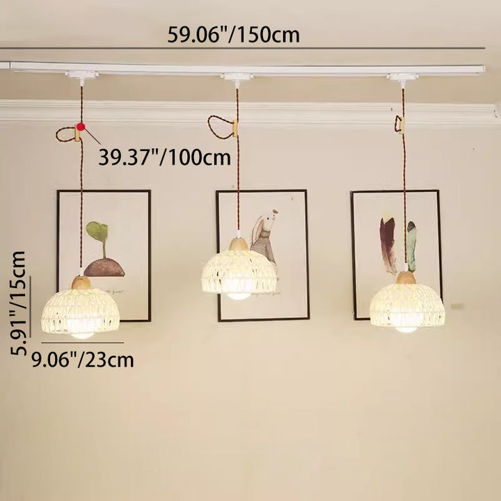 Traditionelle japanische Weberei Aluminium Holz &amp; Rattan Kuppelförmige Halbkugel 1/2/3/4 Licht Schienenbeleuchtung Pendelleuchte für Esszimmer 