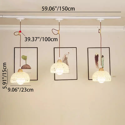 Traditional Japanese Weaving Aluminum Wood & Rattan Dome-Shaped Hemispheroid 1/2/3/4 Light Track Lighting Pendant Light For Dining Room