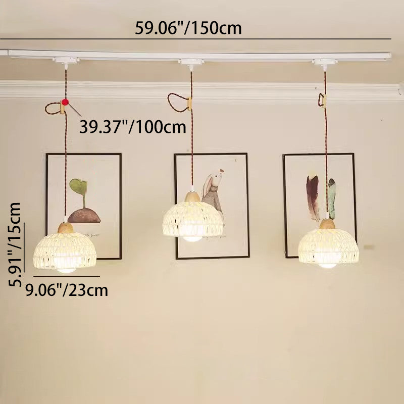 Traditional Japanese Weaving Aluminum Wood & Rattan Dome-Shaped Hemispheroid 1/2/3/4 Light Track Lighting Pendant Light For Dining Room