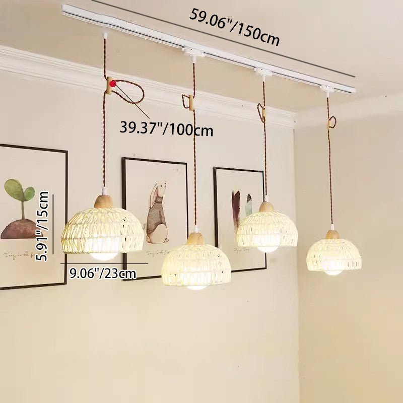 Traditional Japanese Weaving Aluminum Wood & Rattan Dome-Shaped Hemispheroid 1/2/3/4 Light Track Lighting Pendant Light For Dining Room