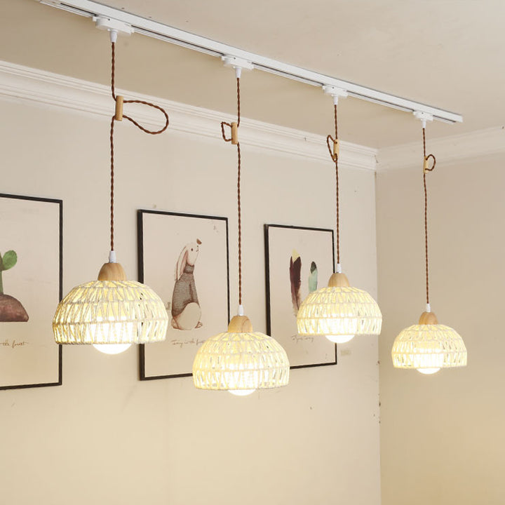 Traditionelle japanische Weberei Aluminium Holz &amp; Rattan Kuppelförmige Halbkugel 1/2/3/4 Licht Schienenbeleuchtung Pendelleuchte für Esszimmer 