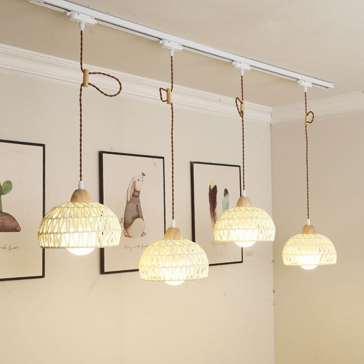 Traditional Japanese Weaving Aluminum Wood & Rattan Dome-Shaped Hemispheroid 1/2/3/4 Light Track Lighting Pendant Light For Dining Room