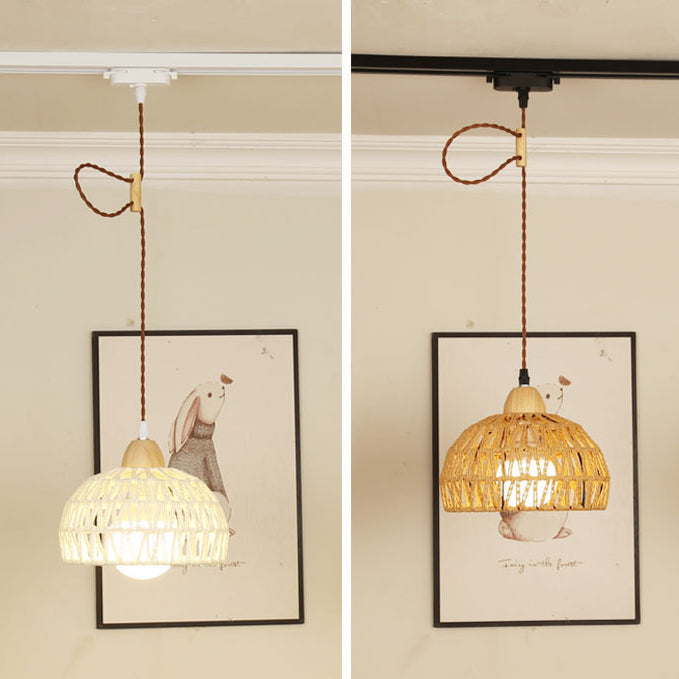 Traditional Japanese Weaving Aluminum Wood & Rattan Dome-Shaped Hemispheroid 1/2/3/4 Light Track Lighting Pendant Light For Dining Room