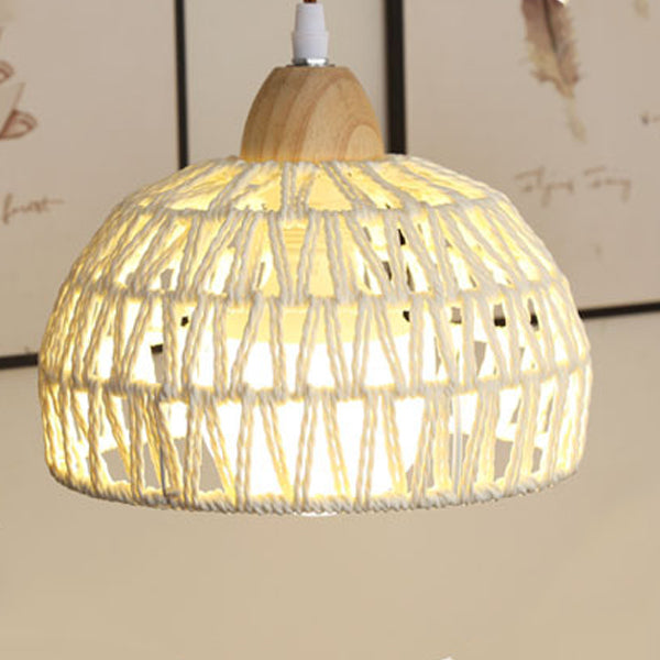Traditional Japanese Weaving Aluminum Wood & Rattan Dome-Shaped Hemispheroid 1/2/3/4 Light Track Lighting Pendant Light For Dining Room
