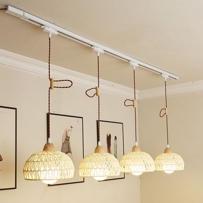 Traditional Japanese Weaving Aluminum Wood & Rattan Dome-Shaped Hemispheroid 1/2/3/4 Light Track Lighting Pendant Light For Dining Room