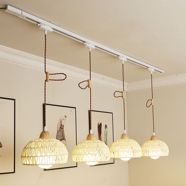 Traditional Japanese Weaving Aluminum Wood & Rattan Dome-Shaped Hemispheroid 1/2/3/4 Light Track Lighting Pendant Light For Dining Room