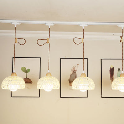 Traditional Japanese Weaving Aluminum Wood & Rattan Dome-Shaped Hemispheroid 1/2/3/4 Light Track Lighting Pendant Light For Dining Room