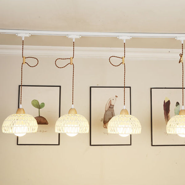 Traditional Japanese Weaving Aluminum Wood & Rattan Dome-Shaped Hemispheroid 1/2/3/4 Light Track Lighting Pendant Light For Dining Room