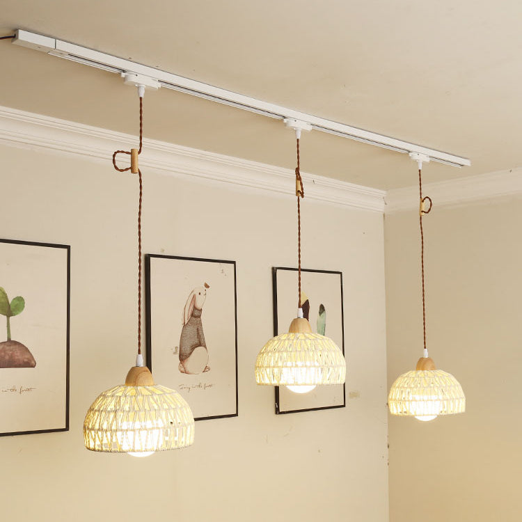 Traditional Japanese Weaving Aluminum Wood & Rattan Dome-Shaped Hemispheroid 1/2/3/4 Light Track Lighting Pendant Light For Dining Room