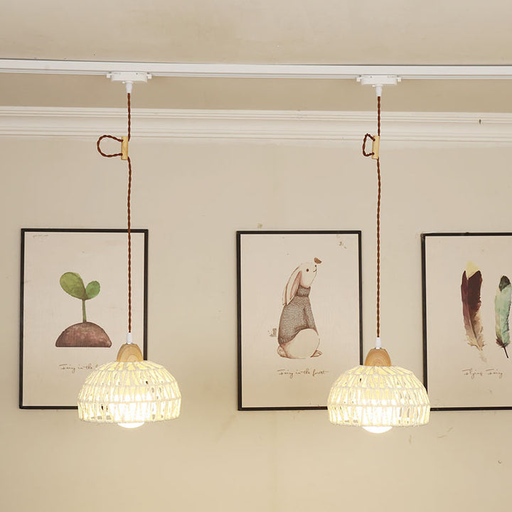 Traditionelle japanische Weberei Aluminium Holz &amp; Rattan Kuppelförmige Halbkugel 1/2/3/4 Licht Schienenbeleuchtung Pendelleuchte für Esszimmer 