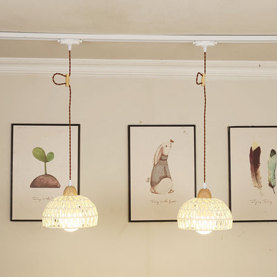 Traditional Japanese Weaving Aluminum Wood & Rattan Dome-Shaped Hemispheroid 1/2/3/4 Light Track Lighting Pendant Light For Dining Room