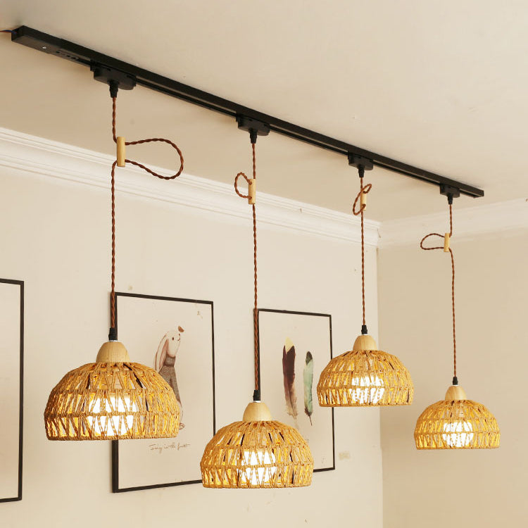 Traditional Japanese Weaving Aluminum Wood & Rattan Dome-Shaped Hemispheroid 1/2/3/4 Light Track Lighting Pendant Light For Dining Room