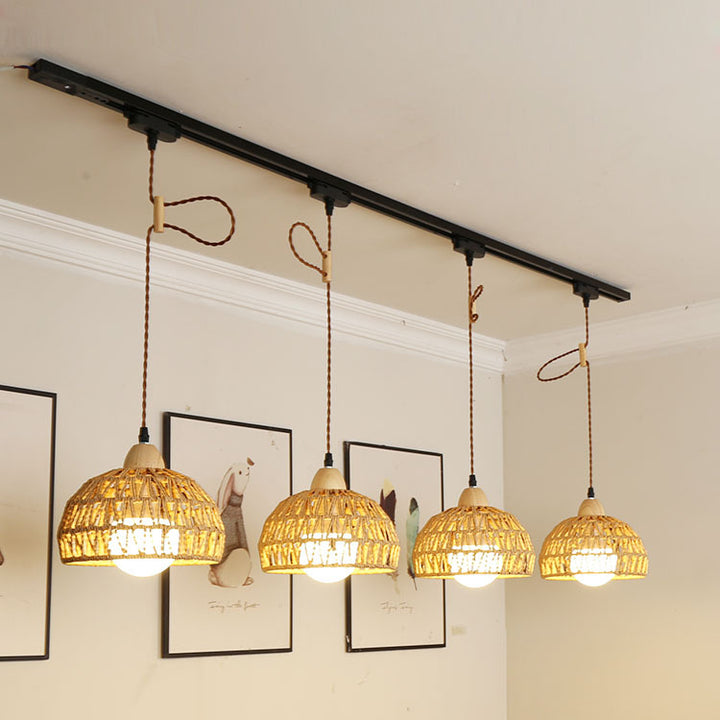 Traditionelle japanische Weberei Aluminium Holz &amp; Rattan Kuppelförmige Halbkugel 1/2/3/4 Licht Schienenbeleuchtung Pendelleuchte für Esszimmer 