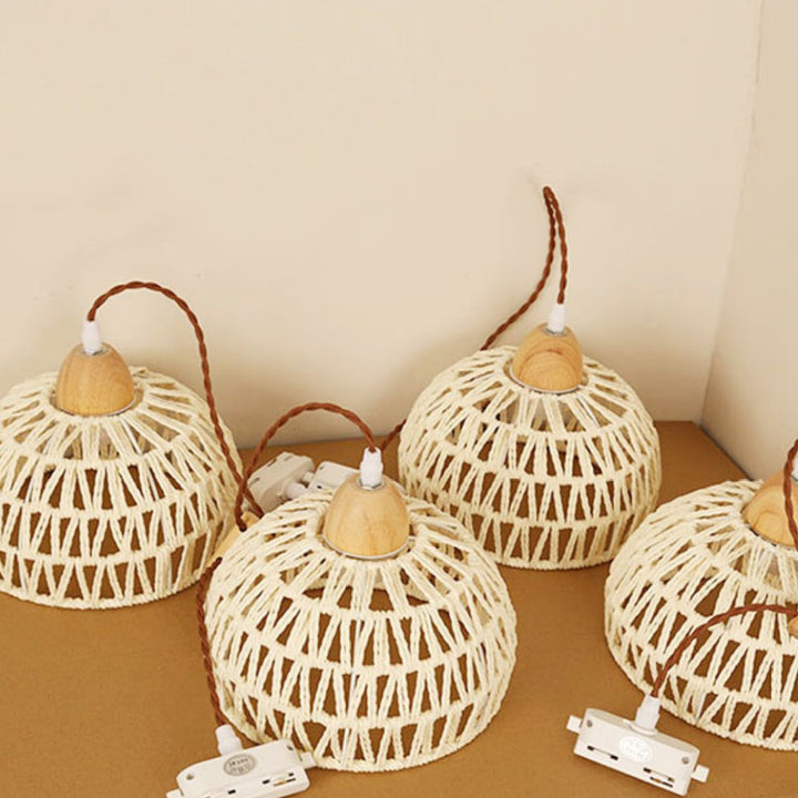 Traditionelle japanische Weberei Aluminium Holz &amp; Rattan Kuppelförmige Halbkugel 1/2/3/4 Licht Schienenbeleuchtung Pendelleuchte für Esszimmer 