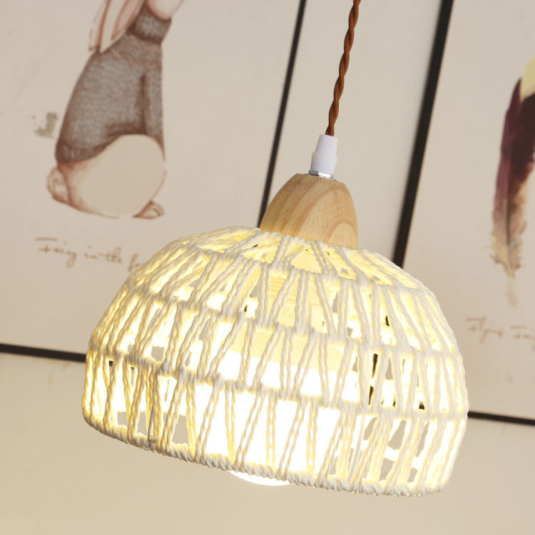 Traditional Japanese Weaving Aluminum Wood & Rattan Dome-Shaped Hemispheroid 1/2/3/4 Light Track Lighting Pendant Light For Dining Room