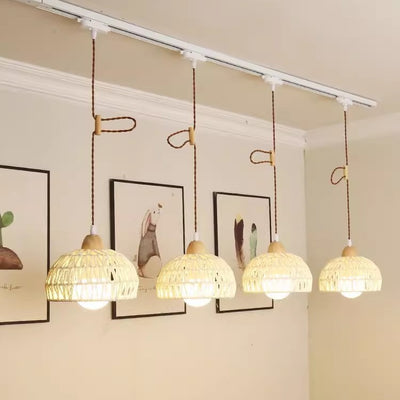 Traditional Japanese Weaving Aluminum Wood & Rattan Dome-Shaped Hemispheroid 1/2/3/4 Light Track Lighting Pendant Light For Dining Room