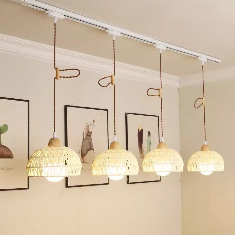 Traditional Japanese Weaving Aluminum Wood & Rattan Dome-Shaped Hemispheroid 1/2/3/4 Light Track Lighting Pendant Light For Dining Room