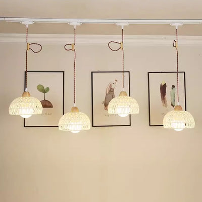 Traditional Japanese Weaving Aluminum Wood & Rattan Dome-Shaped Hemispheroid 1/2/3/4 Light Track Lighting Pendant Light For Dining Room
