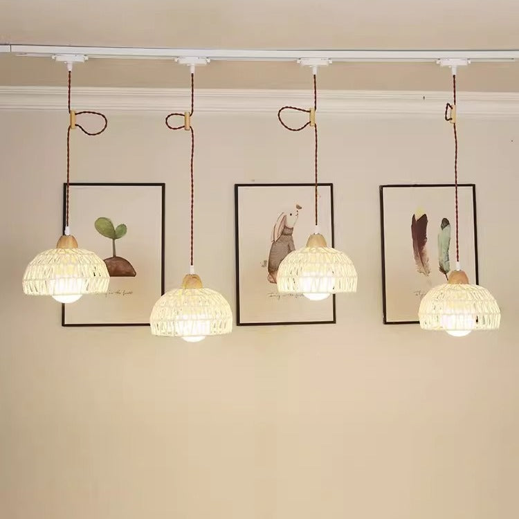Traditional Japanese Weaving Aluminum Wood & Rattan Dome-Shaped Hemispheroid 1/2/3/4 Light Track Lighting Pendant Light For Dining Room