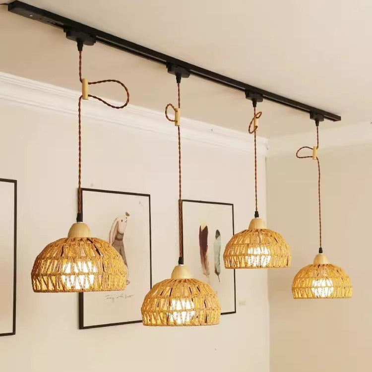 Traditional Japanese Weaving Aluminum Wood & Rattan Dome-Shaped Hemispheroid 1/2/3/4 Light Track Lighting Pendant Light For Dining Room