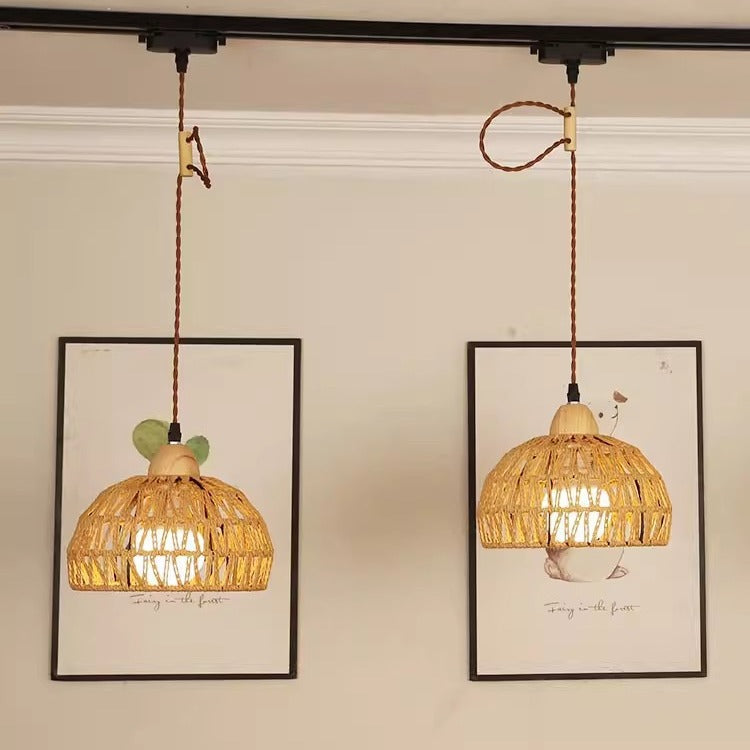 Traditional Japanese Weaving Aluminum Wood & Rattan Dome-Shaped Hemispheroid 1/2/3/4 Light Track Lighting Pendant Light For Dining Room