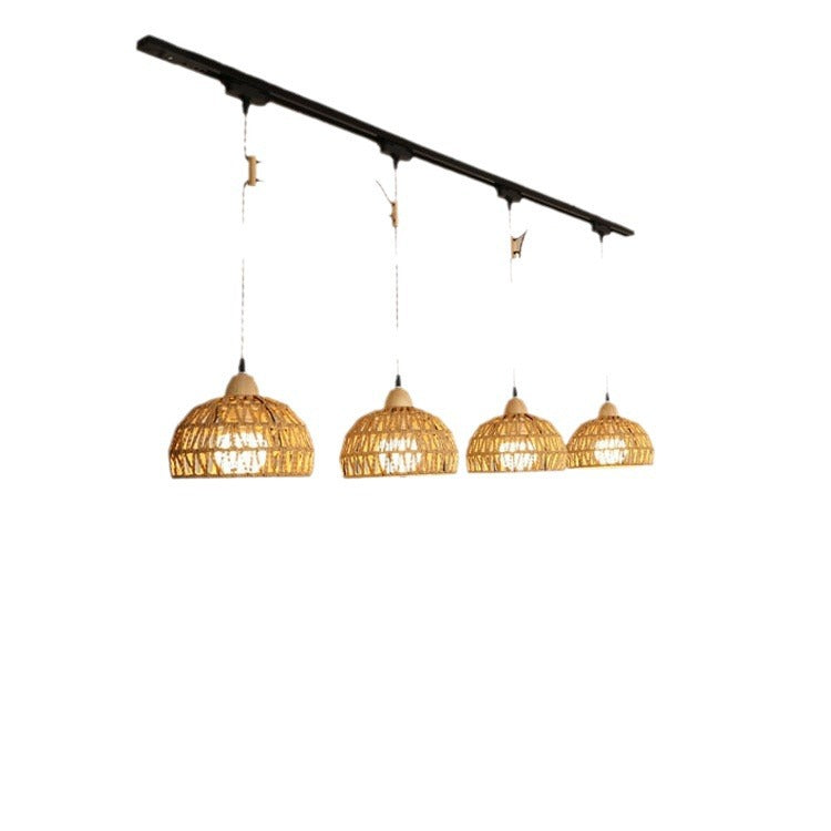 Traditional Japanese Weaving Aluminum Wood & Rattan Dome-Shaped Hemispheroid 1/2/3/4 Light Track Lighting Pendant Light For Dining Room