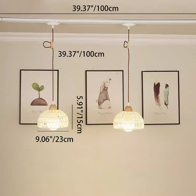 Traditional Japanese Weaving Aluminum Wood & Rattan Dome-Shaped Hemispheroid 1/2/3/4 Light Track Lighting Pendant Light For Dining Room