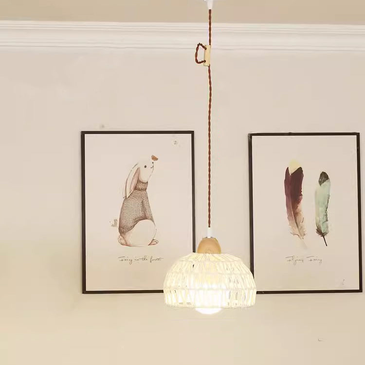 Traditional Japanese Weaving Aluminum Wood & Rattan Dome-Shaped Hemispheroid 1/2/3/4 Light Track Lighting Pendant Light For Dining Room