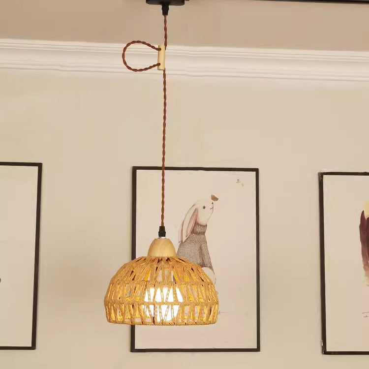 Traditional Japanese Weaving Aluminum Wood & Rattan Dome-Shaped Hemispheroid 1/2/3/4 Light Track Lighting Pendant Light For Dining Room