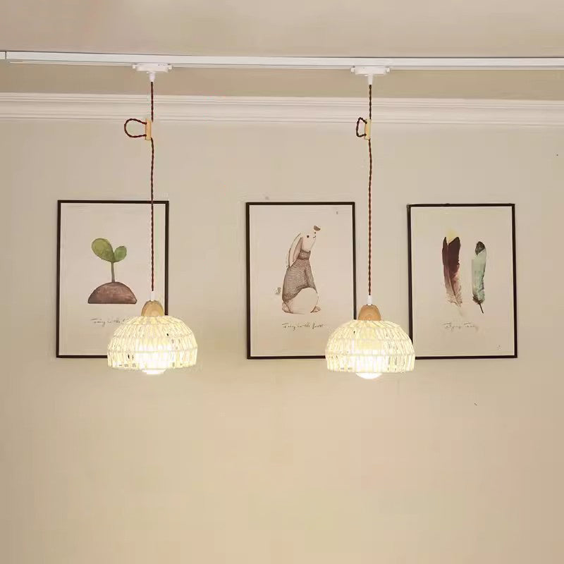 Traditional Japanese Weaving Aluminum Wood & Rattan Dome-Shaped Hemispheroid 1/2/3/4 Light Track Lighting Pendant Light For Dining Room