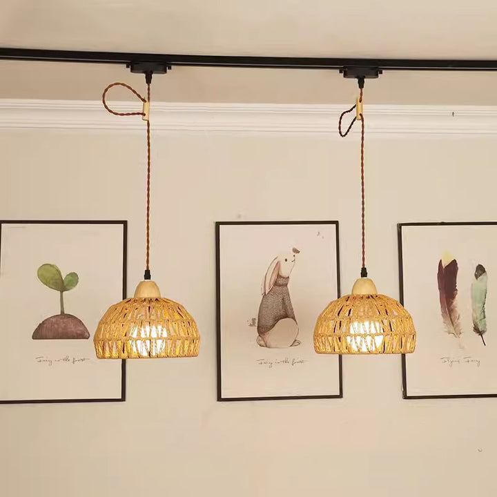 Traditional Japanese Weaving Aluminum Wood & Rattan Dome-Shaped Hemispheroid 1/2/3/4 Light Track Lighting Pendant Light For Dining Room