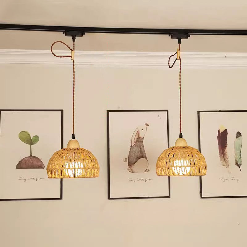 Traditional Japanese Weaving Aluminum Wood & Rattan Dome-Shaped Hemispheroid 1/2/3/4 Light Track Lighting Pendant Light For Dining Room
