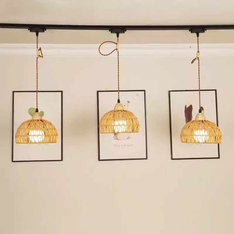 Traditional Japanese Weaving Aluminum Wood & Rattan Dome-Shaped Hemispheroid 1/2/3/4 Light Track Lighting Pendant Light For Dining Room