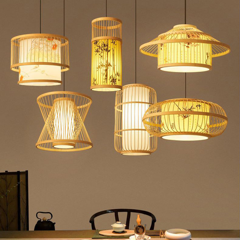 Traditional Chinese Weaving Iron Bamboo Parchment Lantern Cylinder 1-Light Pendant Light For Dining Room